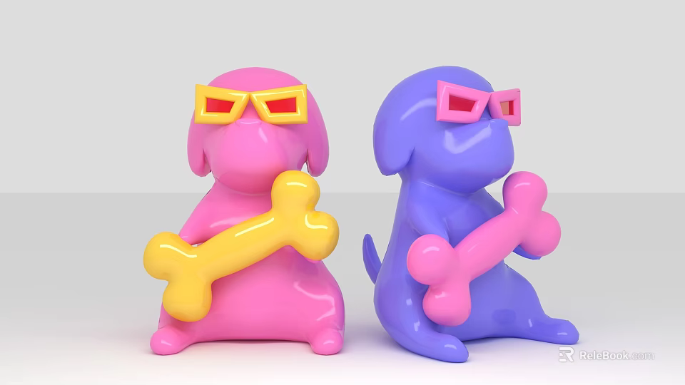 Pink And Blue Cartoon Dogs Photo Spot With Sunglasses And Bones 3d model 