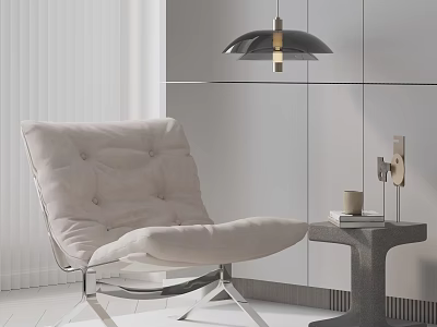 Beige Tufted Leisure Chair With Metal Frame In Modern Room Near Side Table Pendant Light 3d model