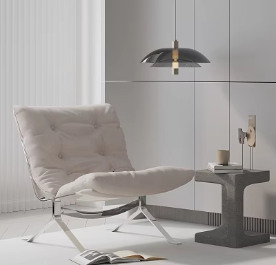 Beige Tufted Leisure Chair With Metal Frame In Modern Room Near Side Table Pendant Light 3d model