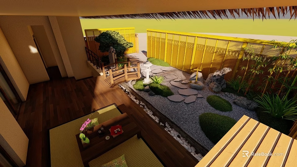 Japanese Courtyard Garden Landscape With Wooden Flooring Yellow Fence Stone Pathway And Green Plants 3d model 