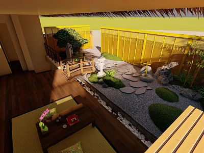 Japanese Courtyard Garden Landscape With Wooden Flooring Yellow Fence Stone Pathway And Green Plants 3d model
