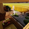 Japanese Courtyard Garden Landscape With Wooden Flooring Yellow Fence Stone Pathway And Green Plants
