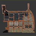 Cartoon Style Medieval House 3D Model With Red Brown Structure Black Roof And Arched Windows