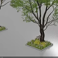 Two Green Leafy Trees Planted In Square Planters With Decorative Base Plants 3d model