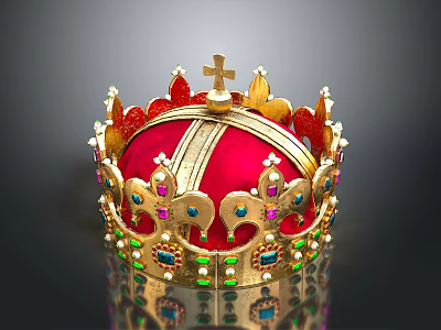 Ornate Red Gold Crown With Intricate Design Colorful Gemstones And Cross Top For Home Decor 3d model