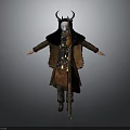 Mystical Ritual Character With Horned Mask Fur Trimmed Robe And Decorative Pendants