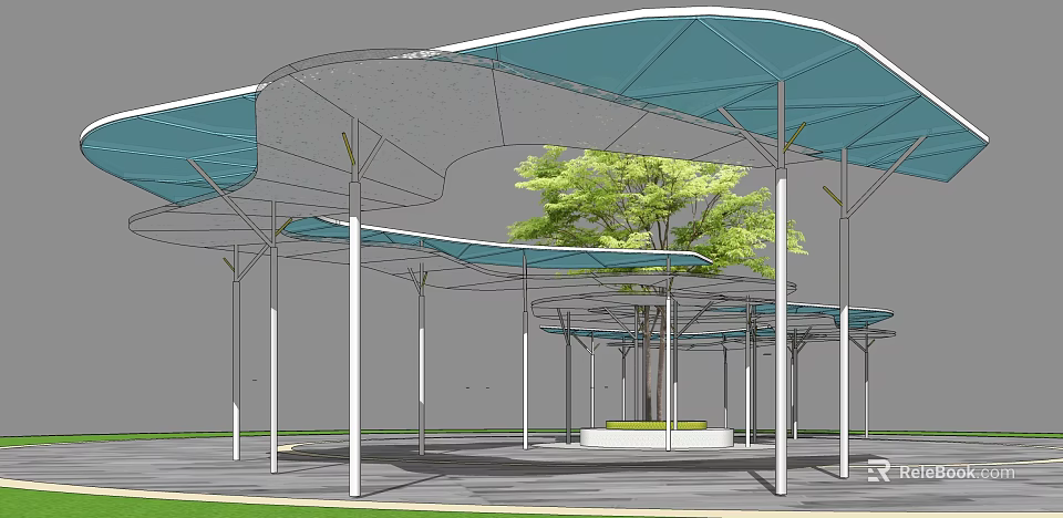 Modern Outdoor Canopy Pergola With Blue Membrane Roof White Columns And Central Green Tree 3d model 