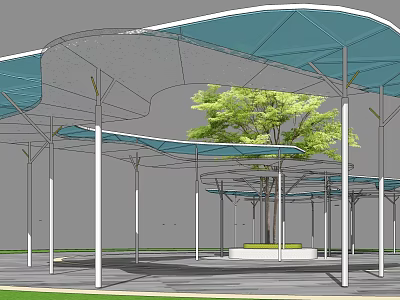 Modern Outdoor Canopy Pergola With Blue Membrane Roof White Columns And Central Green Tree 3d model