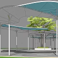 Modern Outdoor Canopy Pergola With Blue Membrane Roof White Columns And Central Green Tree
