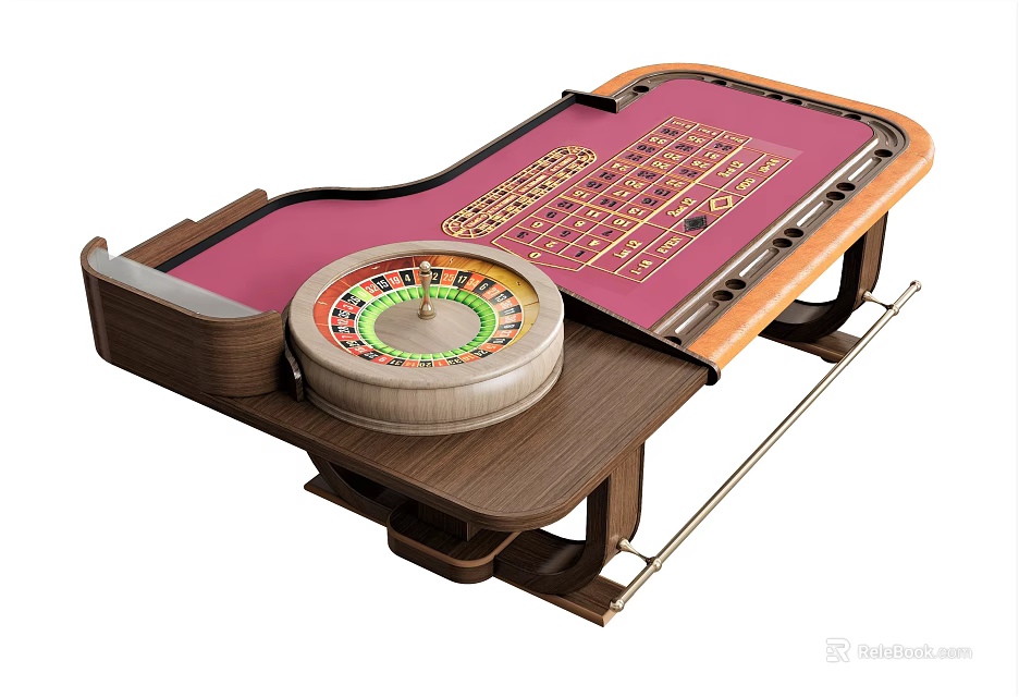 Entertainment Table With Roulette Wheel Pink Surface Wooden Frame Metal Legs And Number Layout 3d model 