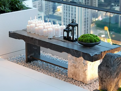 Outdoor Terrace Setup With Wooden Table White Candles Black Lantern And Green Moss 3d model