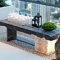 Outdoor Terrace Setup With Wooden Table White Candles Black Lantern And Green Moss