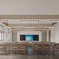 Modern School Classroom With Large Screen Tables Chairs Wooden Ceiling And Bright Windows