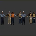 Game And Movie Characters In Blue Shirts Orange Life Vests Hats With Different Poses Standing