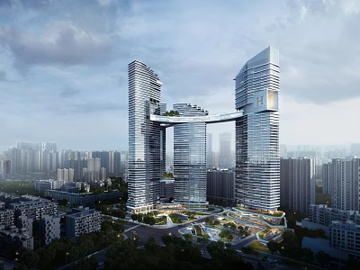 Modern Twin Tower Office Building Connected by Sky Bridge in Urban Setting With Greenery 3d model