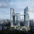 Modern Twin Tower Office Building Connected by Sky Bridge in Urban Setting With Greenery