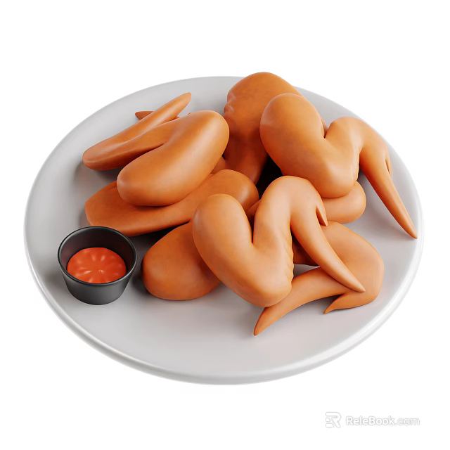 Golden Fried Snacks Served On White Plate With Red Dipping Sauce 3d model 
