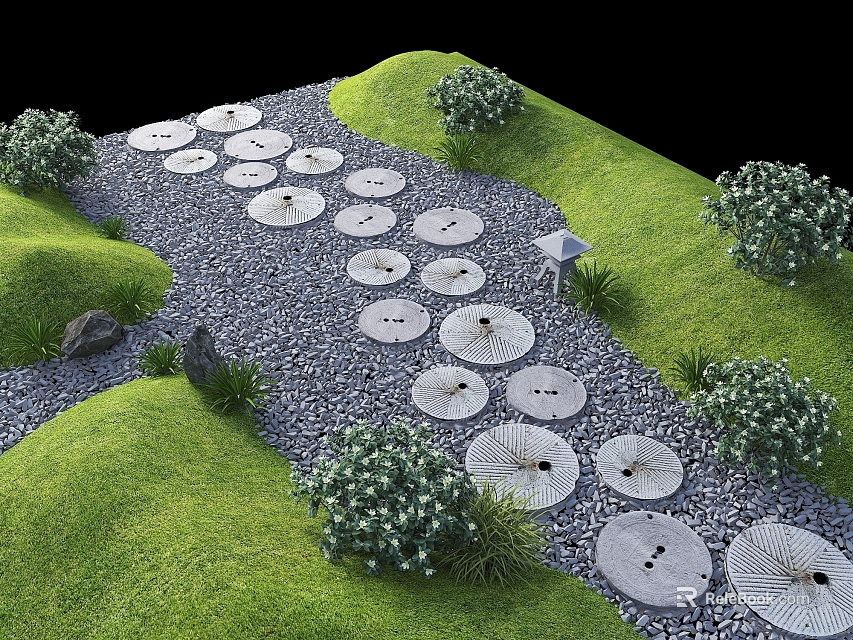 Rounded Natural Stepping Stones in Garden Landscape with Green Grass and Gravel Path 3d model 
