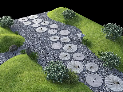 Rounded Natural Stepping Stones in Garden Landscape with Green Grass and Gravel Path 3d model