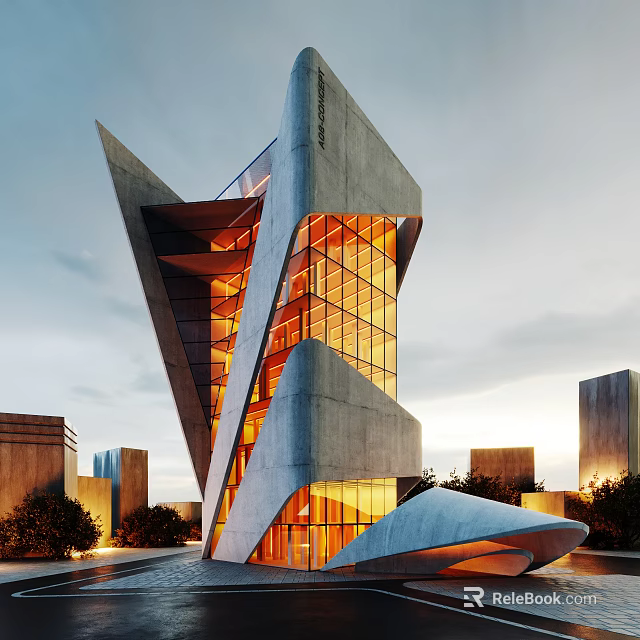 Striking Modern Architecture With Geometric Design Glass Curtain Wall And Concrete Elements In Urban Cityscape 3d model 