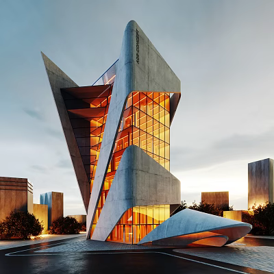 Striking Modern Architecture With Geometric Design Glass Curtain Wall And Concrete Elements In Urban Cityscape 3d model