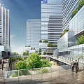 Modern Office Building With Glass Curtain Walls Atrium Open Space Greenery Skybridge And Pedestrians