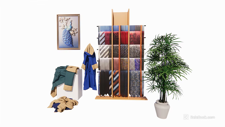 Wooden Clothes Rack With Colorful Ties Scarves And Hanging Coats Near Potted Plant 3d model 