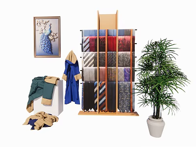 Wooden Clothes Rack With Colorful Ties Scarves And Hanging Coats Near Potted Plant 3d model