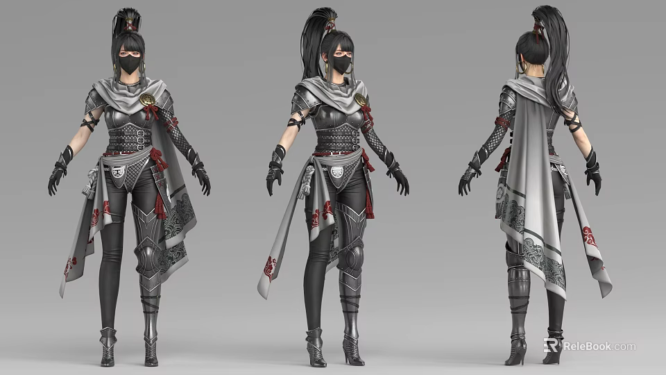 Female Game Character Design With Armor Cape And Black Silver Outfit 3d model 