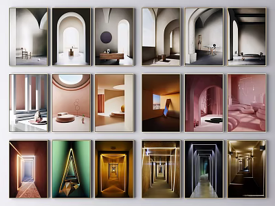 Diverse Interior Design Spaces Featuring Archways Colorful Walls And Furniture 3d model