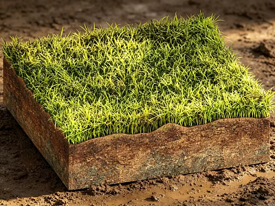 Lush Green Grass Turf Square Block with Brown Soil Roots in Muddy Ground 3d model