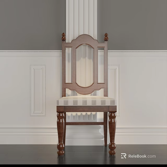 Classic Accent Chair Featuring Brown Wooden Frame Striped Fabric Seat Against White Paneled Wall Column 3d model 