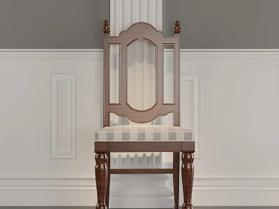 Classic Accent Chair Featuring Brown Wooden Frame Striped Fabric Seat Against White Paneled Wall Column 3d model