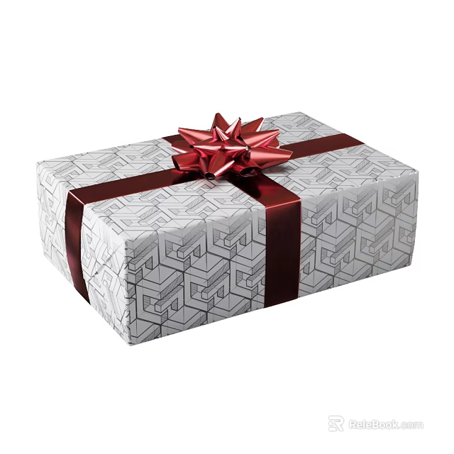 Modern Gift Box With Geometric Pattern Wrapping Paper Red Ribbon And Decorative Bow 3d model 