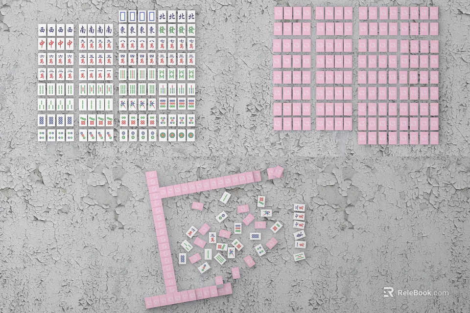 White and Pink Mahjong Tiles for Board Game Entertainment Arranged in Square Shapes and Scattered 3d model 