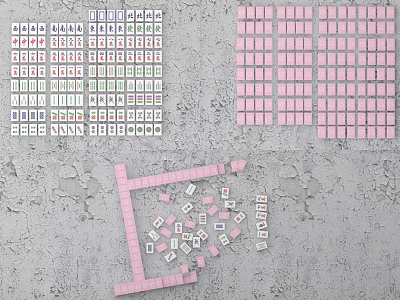 White and Pink Mahjong Tiles for Board Game Entertainment Arranged in Square Shapes and Scattered 3d model