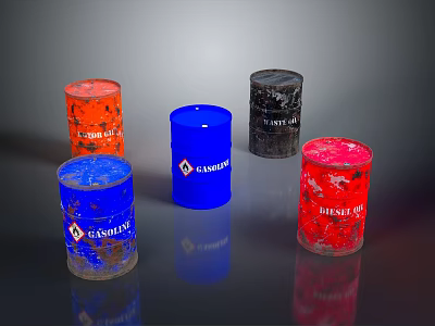 Colorful Oil Drums With Crude Oil Flammable Waste And Motor Oil Labels 3d model