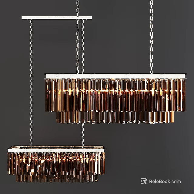 Modern Rectangular Chandeliers With Metal Chains Hanging And Vertical Brown Gold Glossy Elements 3d model 