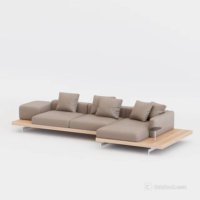 Light Brown Sectional Sofa With Multiple Cushions And Wooden Base Modern Design 3d model