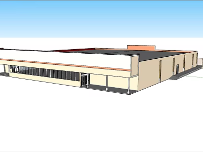 Single Story Commercial Building Exterior With Light Beige Walls Black Roof Large Windows And Entrance 3d model