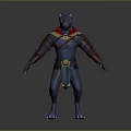 Blue Skinned Fantasy Game Character With Wolf Like Head Red Cape And Brown Armor