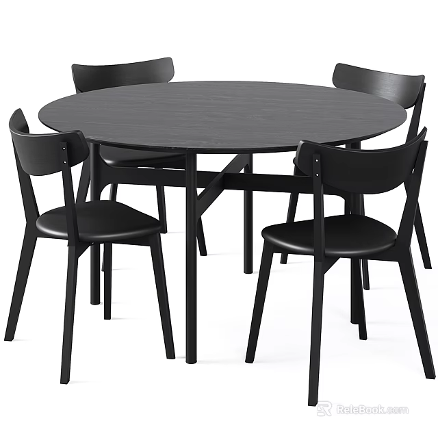 Contemporary Black Round Dining Table Set With Four Matching Chairs 3d model