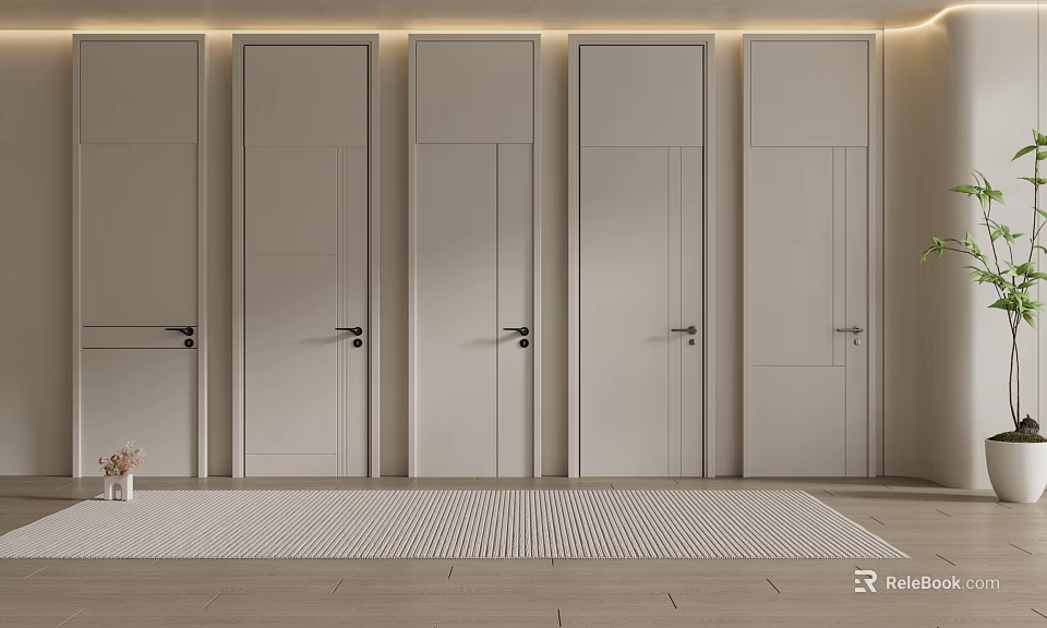 Modern Minimalist Flush Doors With Simple Lines And Metal Handles In Bright Interior 3d model 