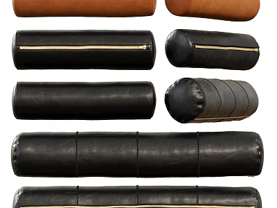 Modern Leather Throw Pillows In Black Brown With Stitched Details And Various Shapes 3d model