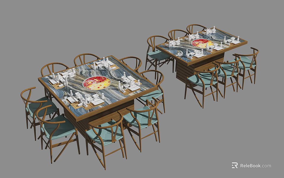 Wooden Dining Table Set With Blue Cushioned Chairs And Formal Table Setting 3d model