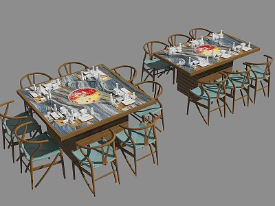 Wooden Dining Table Set With Blue Cushioned Chairs And Formal Table Setting 3d model