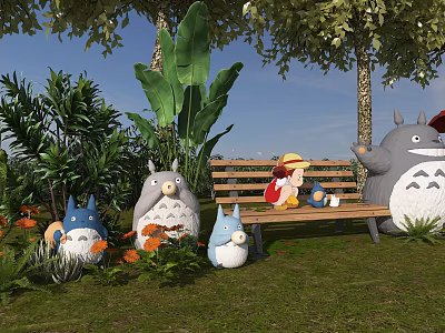 Outdoor Scene With Totoro Characters Little Girl On Wooden Bench And Green Plants Flowers 3d model