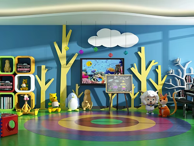 Vibrant Children's Playroom Featuring Various Stuffed Animals Trees Clouds And Colorful Floor 3d model