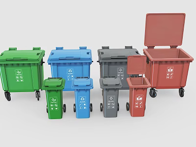 Public Facilities Colorful Waste Sorting Trash Bins With Wheels And Open Lids 3d model