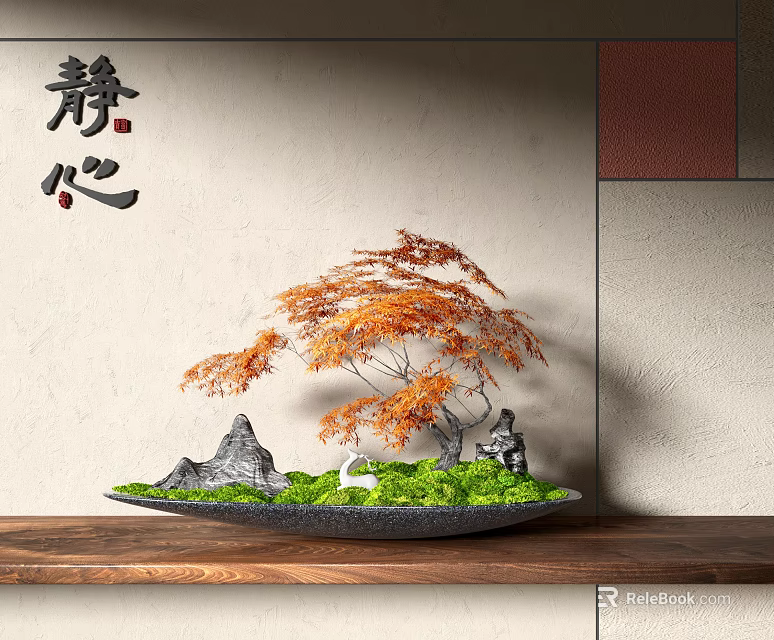 Serene Bonsai Plant With Orange Leaves Green Moss And Stones On Wooden Shelf For Zen Atmosphere 3d model 